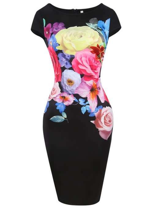 *WILD ROSE* Summer Black Floral Midi Bodycon Dress - S/M/L/XL/2XL/3XL/4XL/5XL