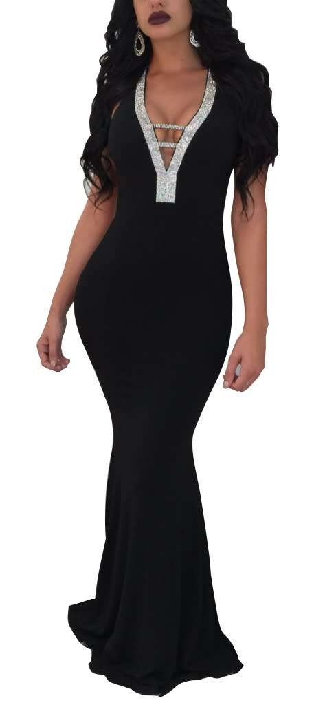 *WILD ROSE* Black V-Neck Sleeveless Maxi Evening Dress - S/M/L/XL/2XL