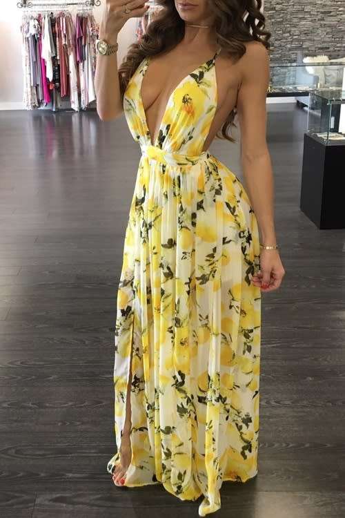*LOCAL STOCK* Clearance! Yellow Summer Floral & Fruit Print Dress - MEDIUM