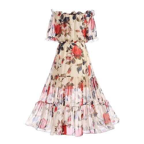 *WILD ROSE* Rose Print Boat Neck Ruffled Sleeve Dress - S/M/L/XL