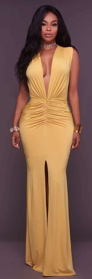 *CLEARANCE SALE* *LOCAL STOCK* Yellow V-Neck Sleeveless Sheath Floor-Length Dress - MEDIUM