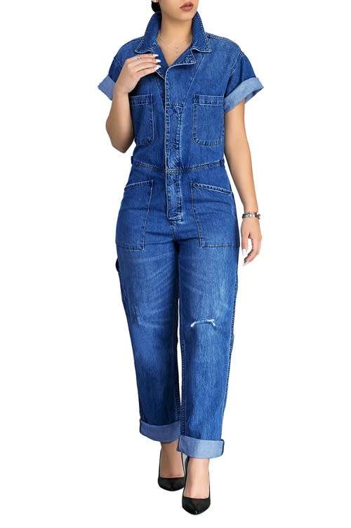 *WILD ROSE* Short Sleeves Denim Jumpsuit with Collar - S/M/L/XL/2XL/3XL