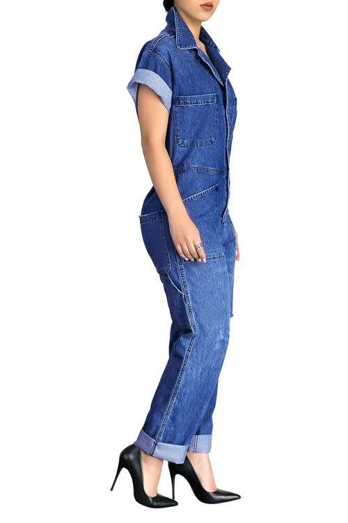 *WILD ROSE* Short Sleeves Denim Jumpsuit with Collar - S/M/L/XL/2XL/3XL