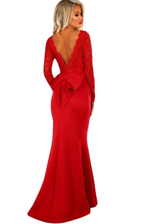 *WILD ROSE* Red Lace Long Sleeve Bow Back Maxi Dress - S/M/L/XL