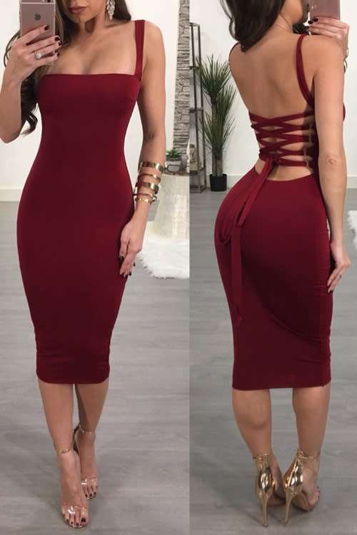 *WILD ROSE* Sexy Red Lace Up Straps Knee Length Dress - S/M/L/XL