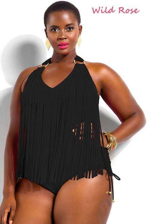 *IN STOCK* Black Fringe Plus Size Halter One Piece Swimwear - XXXL