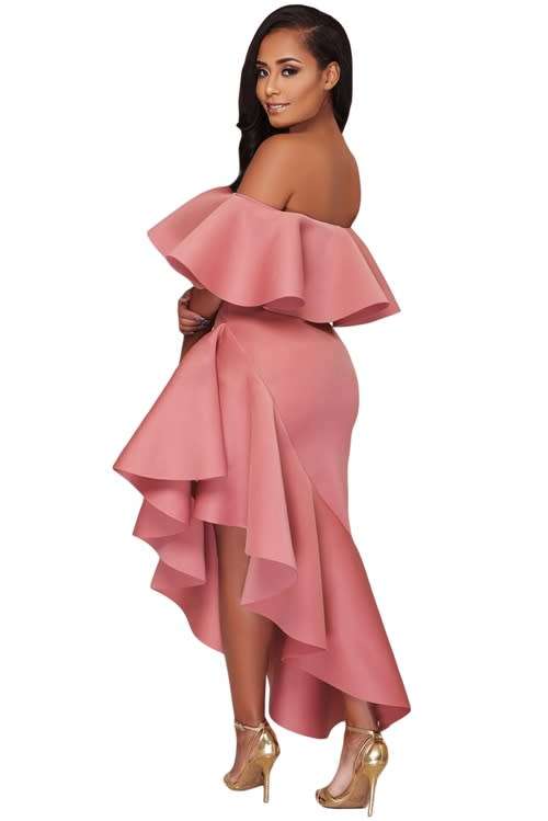 *WILD ROSE* Pink Asymmetric Ruffle Off Shoulder Party Dress - S/M/L/XL