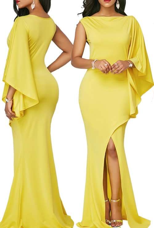 *WILD ROSE* Yellow Long Formal Dress with Wrapped Hem & Single Sleeve  - M/L/XL/2XL