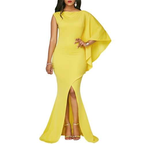 *WILD ROSE* Yellow Long Formal Dress with Wrapped Hem & Single Sleeve  - M/L/XL/2XL