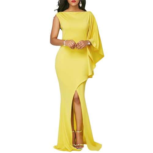 *WILD ROSE* Yellow Long Formal Dress with Wrapped Hem & Single Sleeve  - M/L/XL/2XL