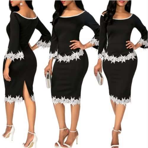 *WILD ROSE* Elegant Pencil Dress with White Applique Trim - M/L/XL/2XL