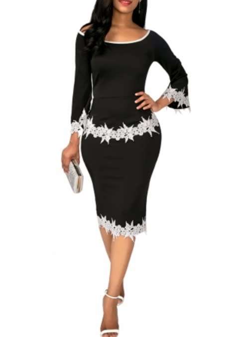 *WILD ROSE* Elegant Pencil Dress with White Applique Trim - M/L/XL/2XL