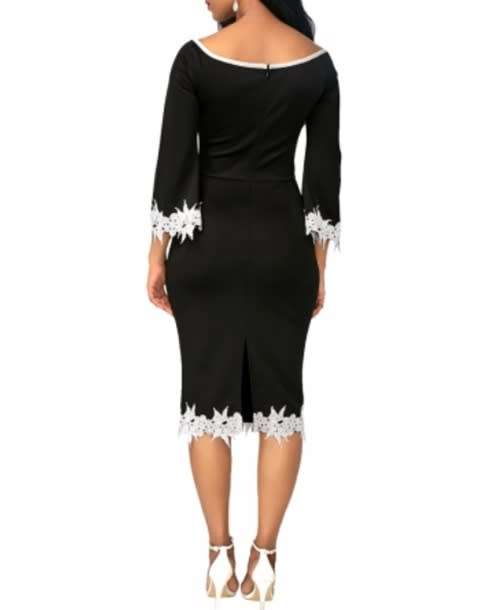 *WILD ROSE* Elegant Pencil Dress with White Applique Trim - M/L/XL/2XL