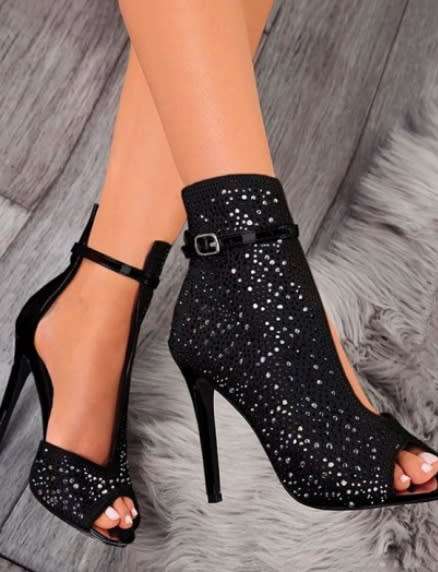 *WILD ROSE* Black Round Toe Rhinestone Stiletto Fashion High Heels Shoes - SA Sizes 2.5-7
