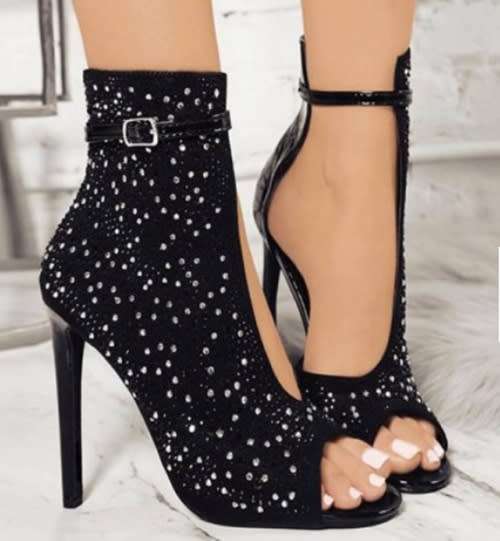 *WILD ROSE* Black Round Toe Rhinestone Stiletto Fashion High Heels Shoes - SA Sizes 2.5-7