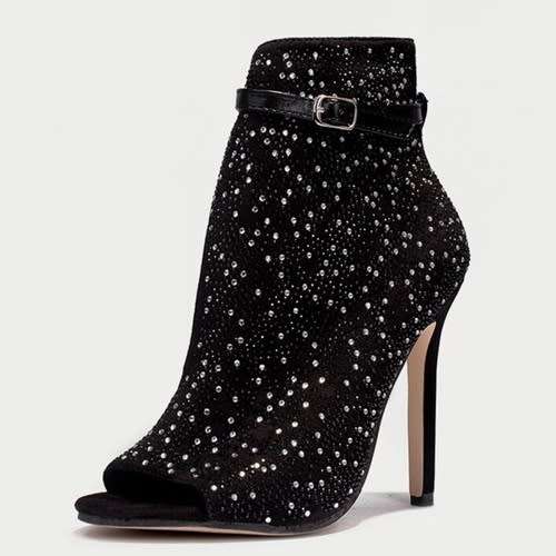 *WILD ROSE* Black Round Toe Rhinestone Stiletto Fashion High Heels Shoes - SA Sizes 2.5-7