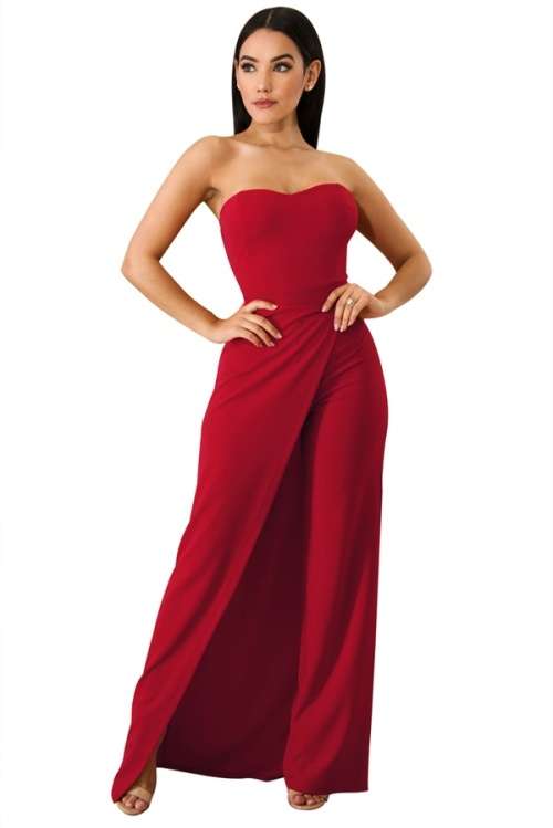 *WILD ROSE* *LOCAL STOCK* Red Asymmetric Split Leg Strapless Romper Jumpsuit - SMALL