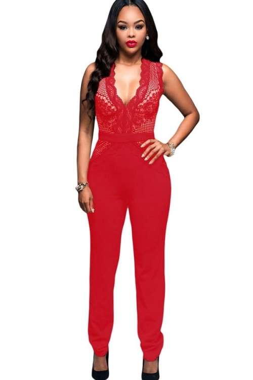 *CLEARANCE SALE* *LOCAL STOCK* Affordable! Red Nude Lace Accent Jumpsuit - MEDIUM