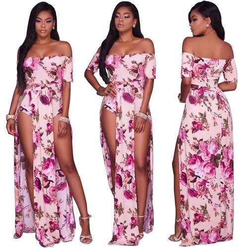 *WILD ROSE* Rose Print Strapless Long Dress with Splits - S/M/L/XL/2XL