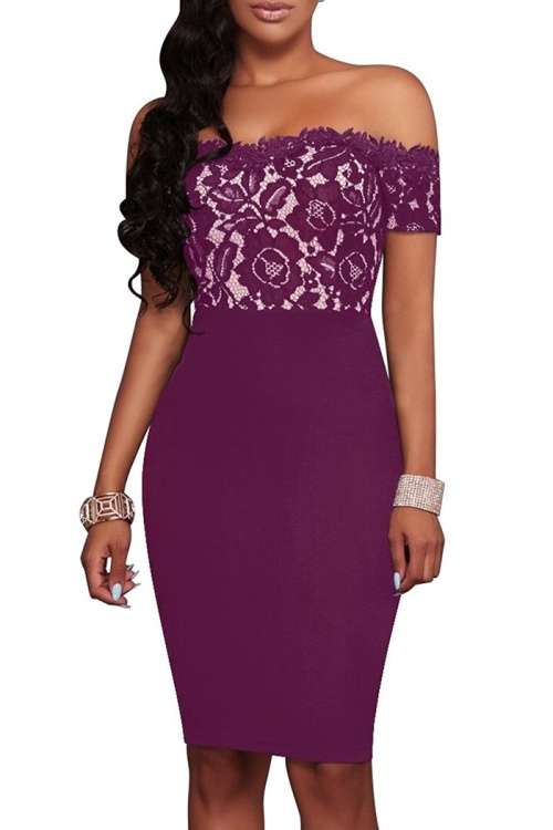 *WILD ROSE* Purple Off Shoulder Lace Upper Party Dress- S/M/L/XL