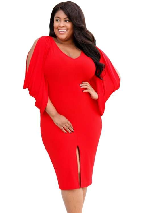 *WILD ROSE* PLUS SIZE Red Cascading Slit Sleeve Bodycon Dress- XL/2XL/3XL
