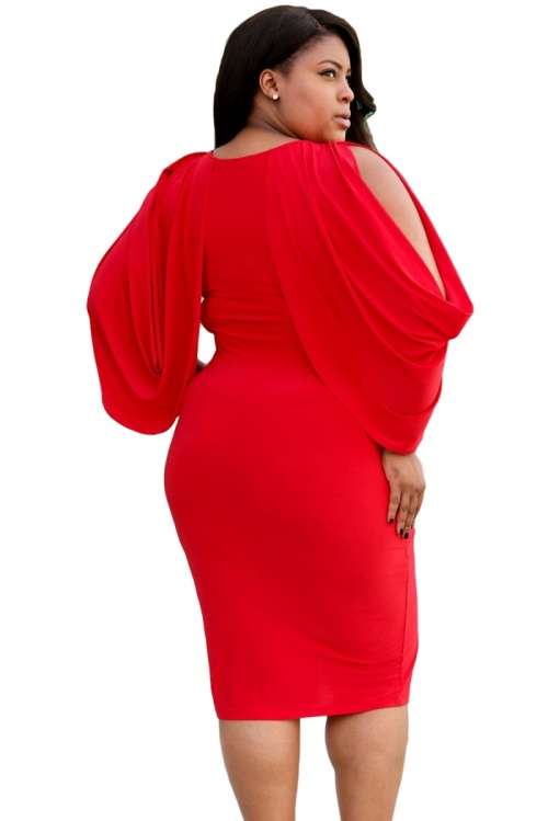 *WILD ROSE* PLUS SIZE Red Cascading Slit Sleeve Bodycon Dress- XL/2XL/3XL