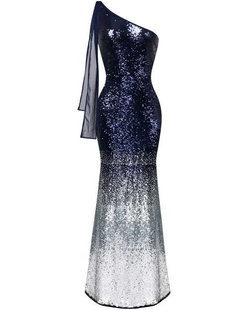 *WILD ROSE* Sexy Blue & Silver Bling Sequins One Shoulder Evening Dress - S/M/L/XL