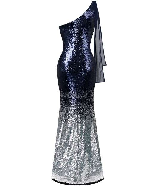 *WILD ROSE* Sexy Blue & Silver Bling Sequins One Shoulder Evening Dress - S/M/L/XL