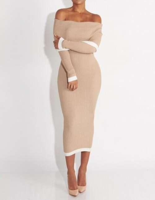 *WILD ROSE* Beige & White Off Shoulder Bodycon Long Sleeve Midi Dress  - S/M/L/XL