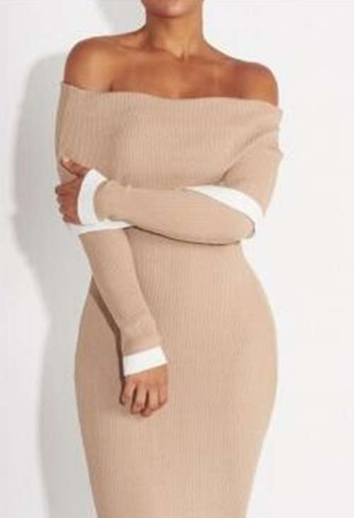 *WILD ROSE* Beige & White Off Shoulder Bodycon Long Sleeve Midi Dress  - S/M/L/XL