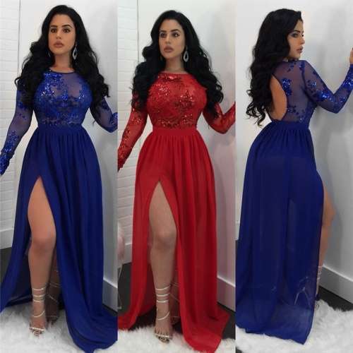 *WILD ROSE* *LOCAL STOCK* Sexy Blue Shimmer Top Long Sleeves Maxi Evening Dress With Slit - LARGE