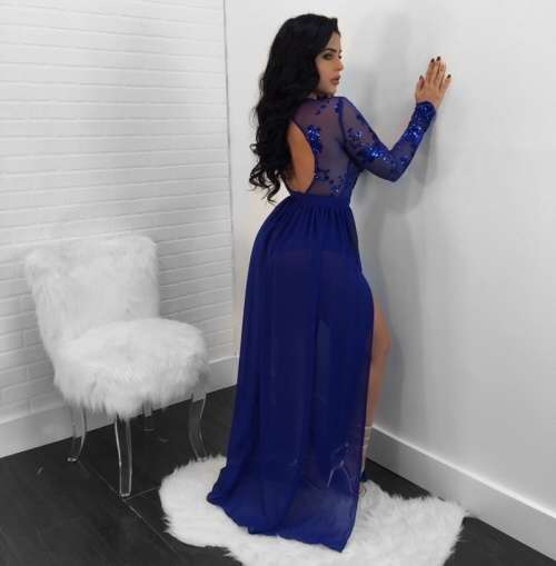 *WILD ROSE* *LOCAL STOCK* Sexy Blue Shimmer Top Long Sleeves Maxi Evening Dress With Slit - LARGE