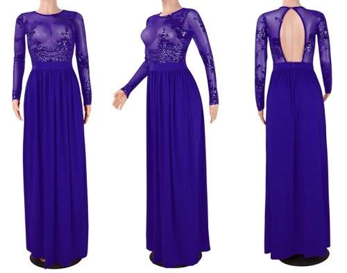 *WILD ROSE* *LOCAL STOCK* Sexy Blue Shimmer Top Long Sleeves Maxi Evening Dress With Slit - LARGE