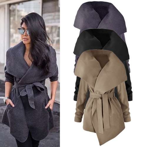 *WILD ROSE* Women's Beige Turn Down Collar Long Sleeve Coat with Belt - S/M/L/XL