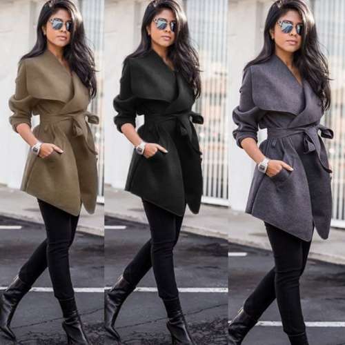 *WILD ROSE* Women's Beige Turn Down Collar Long Sleeve Coat with Belt - S/M/L/XL