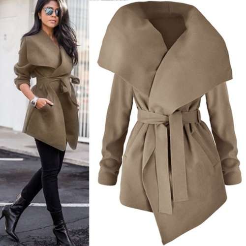 *WILD ROSE* Women's Beige Turn Down Collar Long Sleeve Coat with Belt - S/M/L/XL