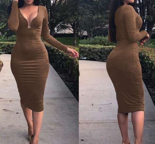 *WILD ROSE* Brown Long Sleeve Midi Dress - S/M/L/XL