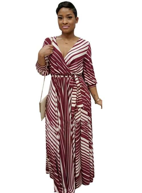 *WILD ROSE* Wine Red Stiped V Neck Long Sleeve Belted Maxi Dress - S/M/L/XL/2XL/3XL