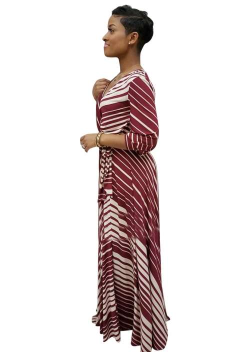 *WILD ROSE* Wine Red Stiped V Neck Long Sleeve Belted Maxi Dress - S/M/L/XL/2XL/3XL