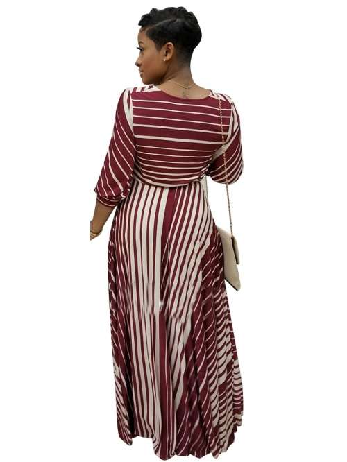 *WILD ROSE* Wine Red Stiped V Neck Long Sleeve Belted Maxi Dress - S/M/L/XL/2XL/3XL
