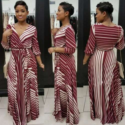 *WILD ROSE* Wine Red Stiped V Neck Long Sleeve Belted Maxi Dress - S/M/L/XL/2XL/3XL