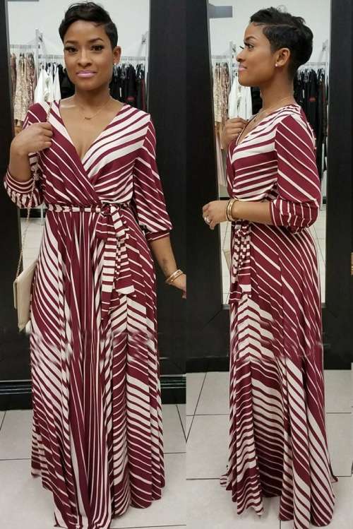 *WILD ROSE* Wine Red Stiped V Neck Long Sleeve Belted Maxi Dress - S/M/L/XL/2XL/3XL