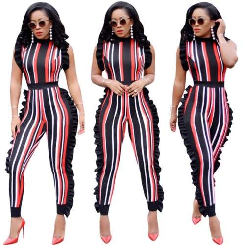 *WILD ROSE* Sexy Round Neck Red & Black Ruffle Striped Jumpsuit - S/M/L/XL