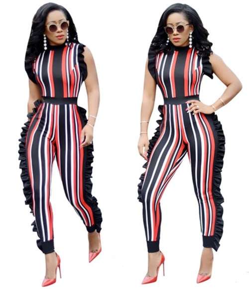 *WILD ROSE* Sexy Round Neck Red & Black Ruffle Striped Jumpsuit - S/M/L/XL