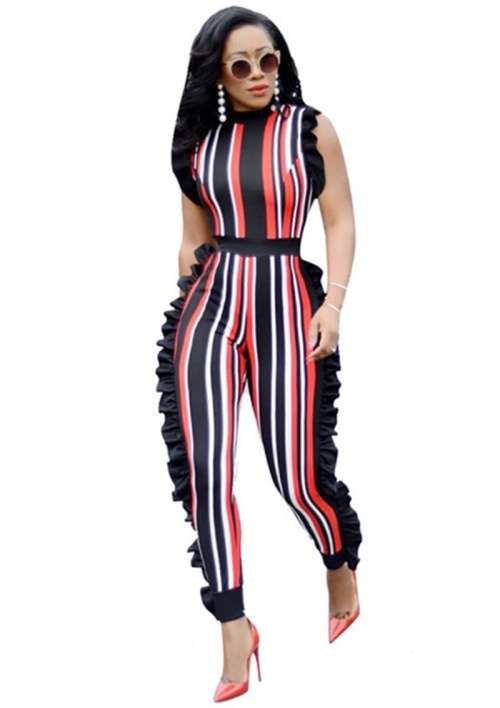 *WILD ROSE* Sexy Round Neck Red & Black Ruffle Striped Jumpsuit - S/M/L/XL
