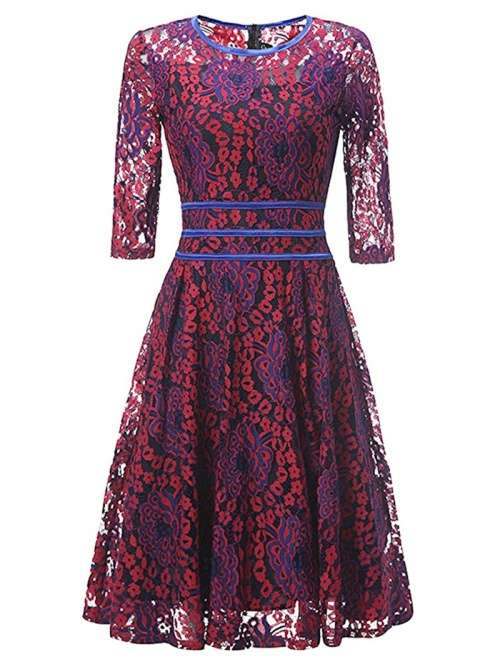*WILD ROSE* Beautiful Red & Blue 3/4 Sleeve Skater Dress - S/M/L/XL/2XL