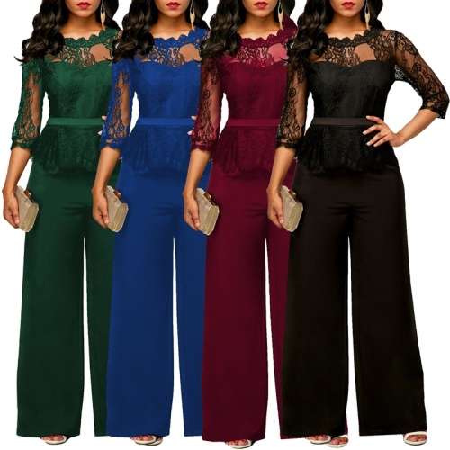 *WILD ROSE* Wine Red Long Sleeve Lace Detail Formal Wide Leg Jumpsuit - S/M/L/XL/2XL