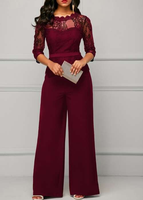 *WILD ROSE* Wine Red Long Sleeve Lace Detail Formal Wide Leg Jumpsuit - S/M/L/XL/2XL