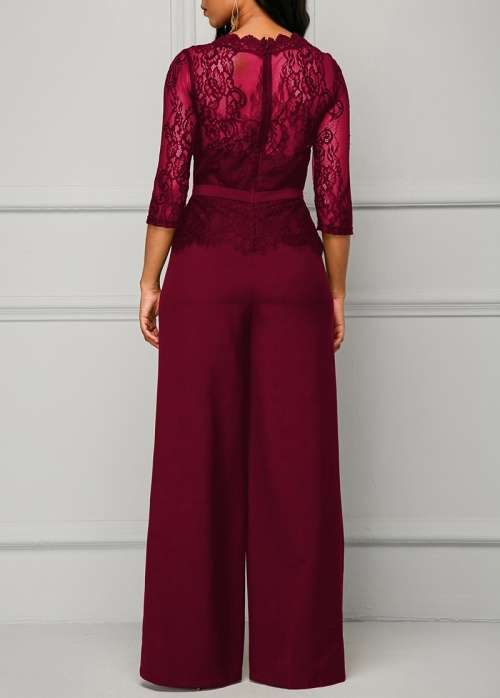 *WILD ROSE* Wine Red Long Sleeve Lace Detail Formal Wide Leg Jumpsuit - S/M/L/XL/2XL