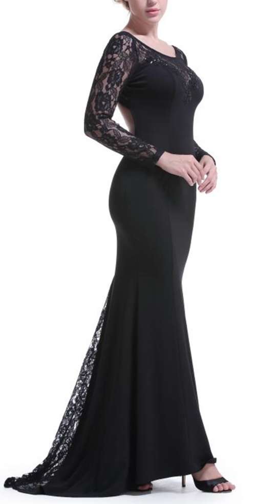 *WILD ROSE* Black Lace Upper Long Sleeve Evening Dress - M/L